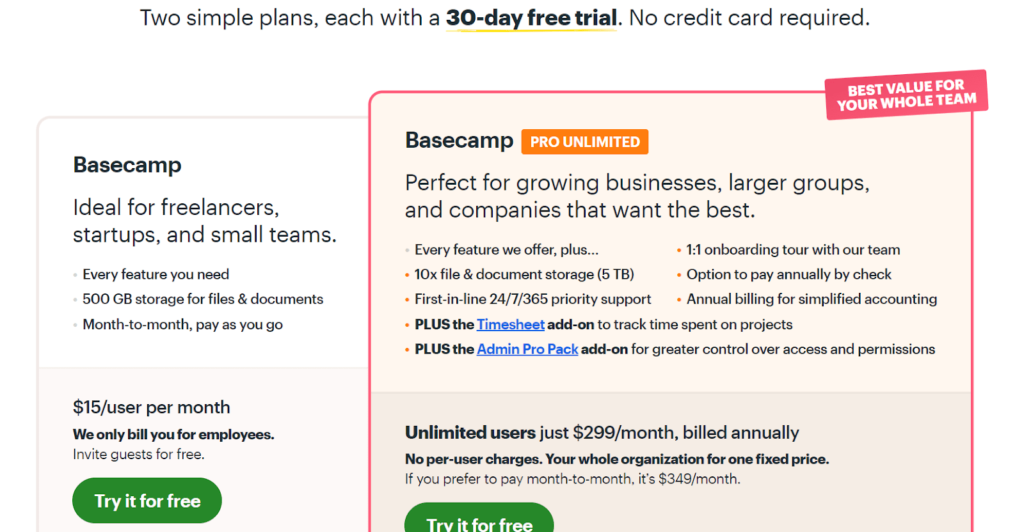 9. Basecamp Pricing Plans