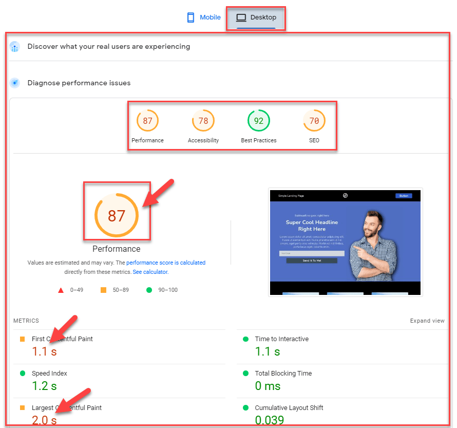 google pagespeed test page on groove for desktop