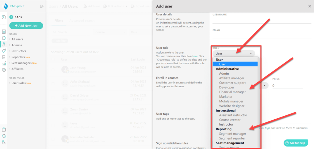 custom users roles in learnworlds