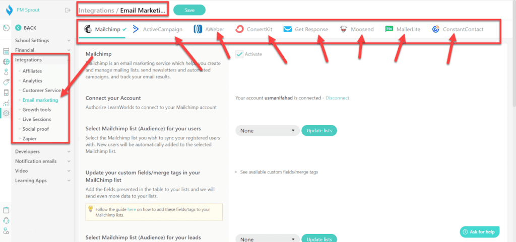 integrations in learnworlds