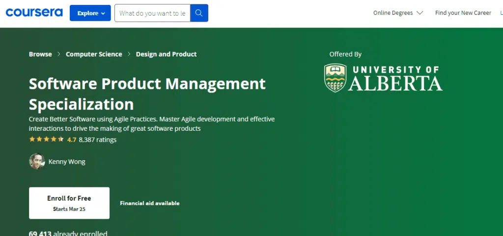 3. Software Product Management Specialization by Kenny Wong on Coursera