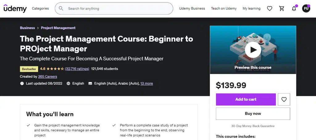 4. The Project Management Course Beginner to PROject Manager by 365 Careers on UDEMY