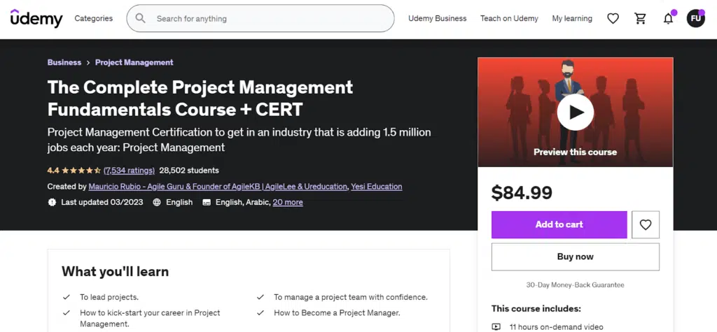 5. The Complete Project Management Fundamentals Course CERT by Mauricio Rubio Yesi Education on UDEMY