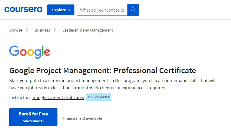 6. Google Project Management Professional Certificate by Google on Coursera
