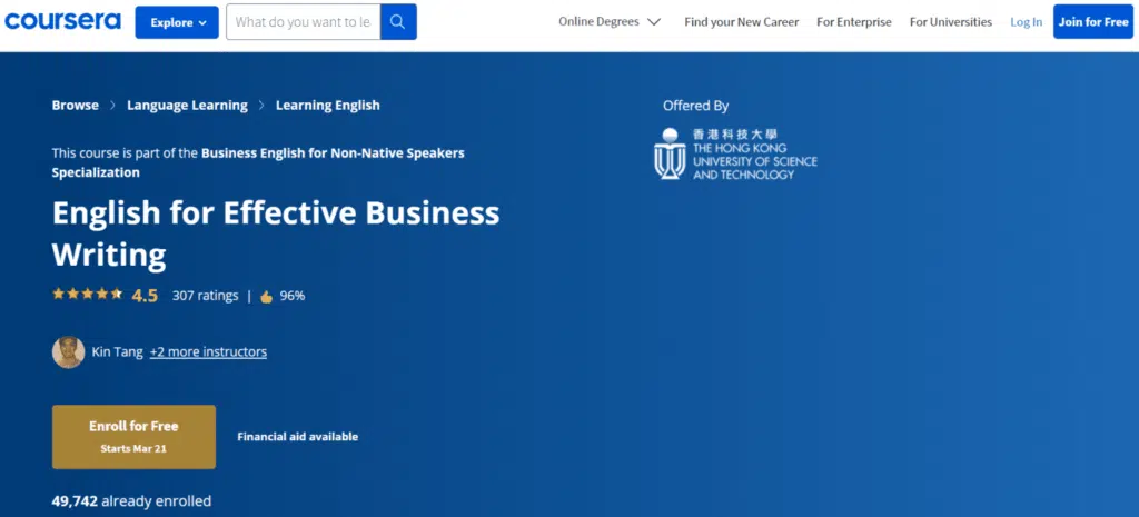 8. English for Effective Business Writing Coursera