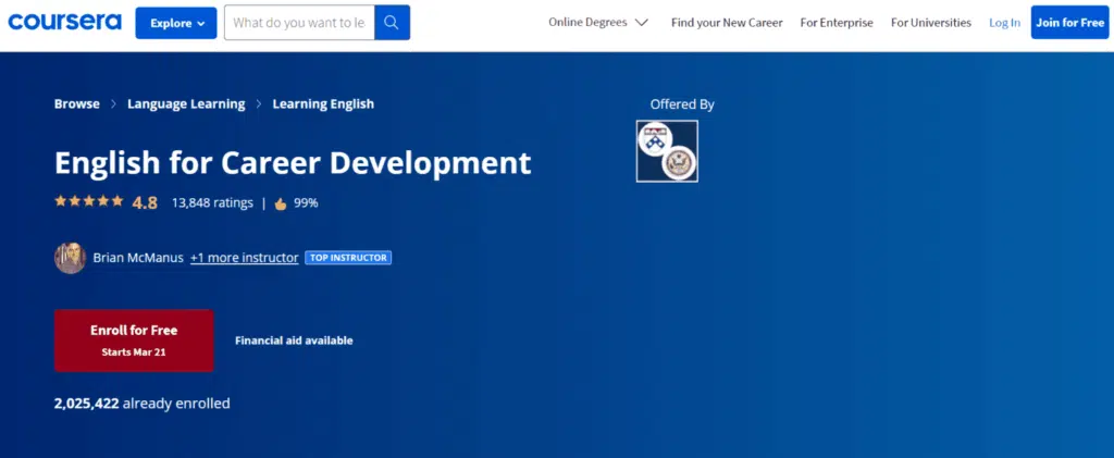 9. English for Career Development Coursera