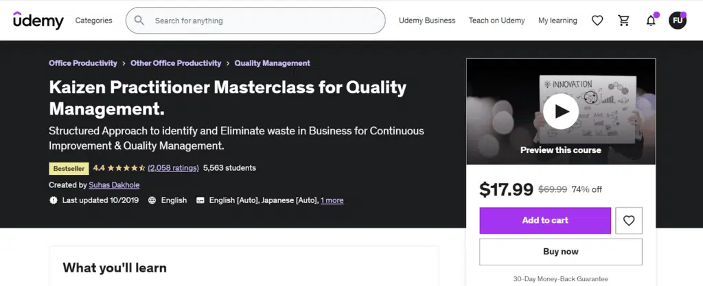 1. Kaizen Practitioner Masterclass for Quality Management by Suhas Dakhole on UDEMY