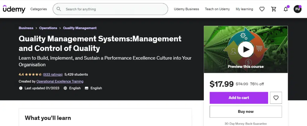 2. Quality Management Systems Management and Control of Quality on UDEMY by Operational Excellence Training