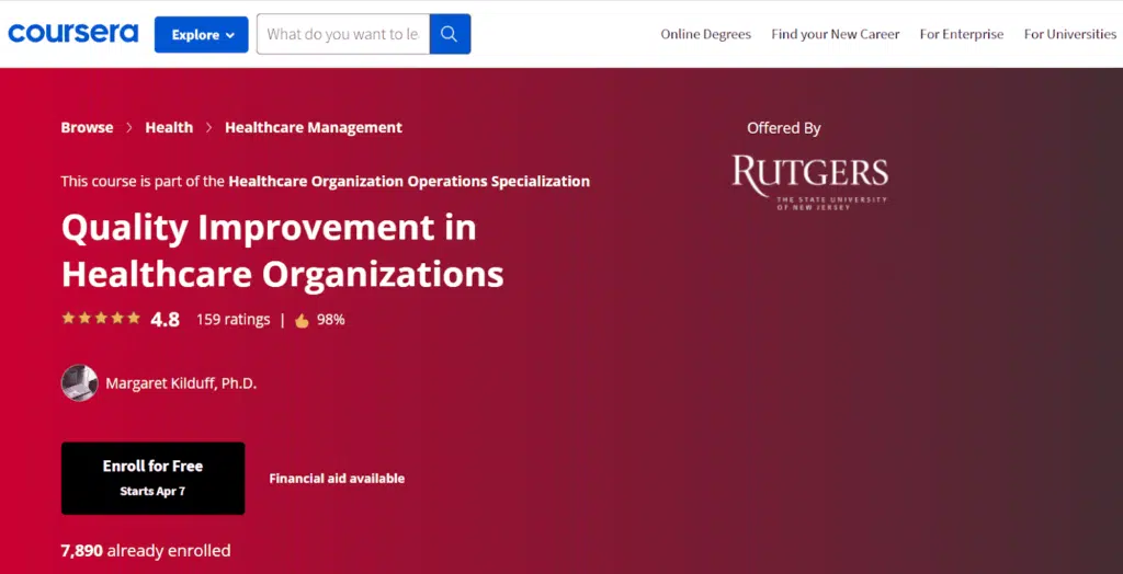 3. Quality Improvement in Healthcare Organizations on Coursera by Margaret Kilduff Ph.D