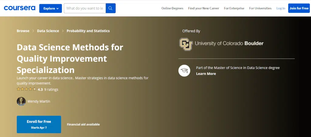 4. Data Science Methods for Quality Improvement Specialization on Coursera by Wendy Martin