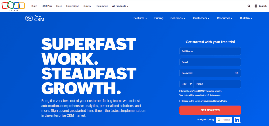 3. Zoho CRM home