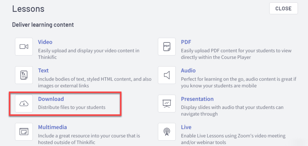 downloadable attachments with the lesson thinkific