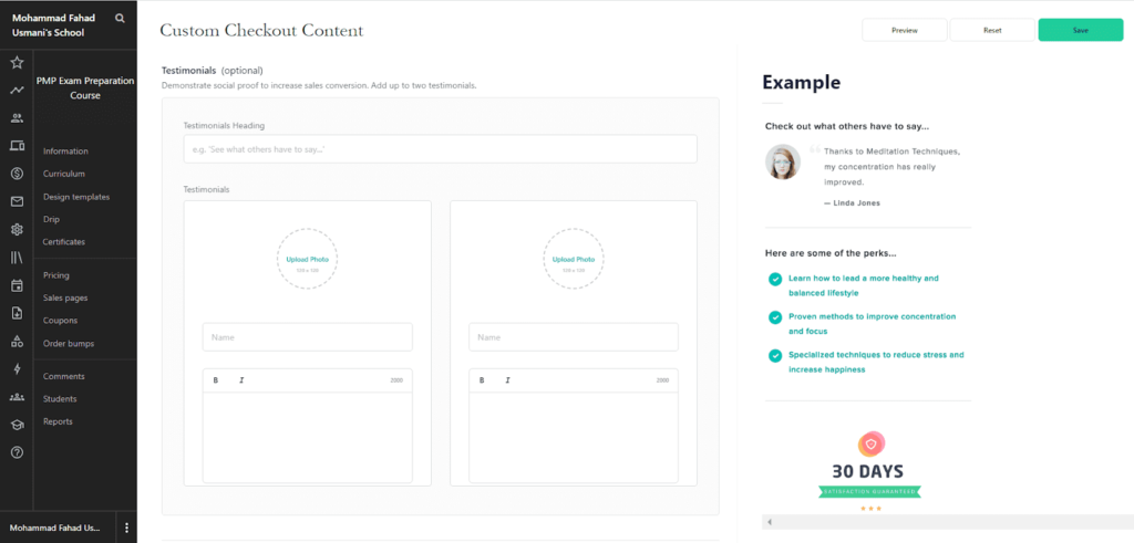 Checkout Pages and Upselling teachable