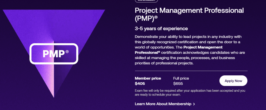 screenshot from pmi website showing the pmp exam fee