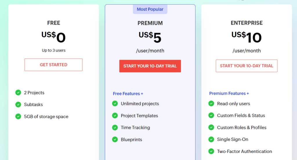 7. zoho projects pricing