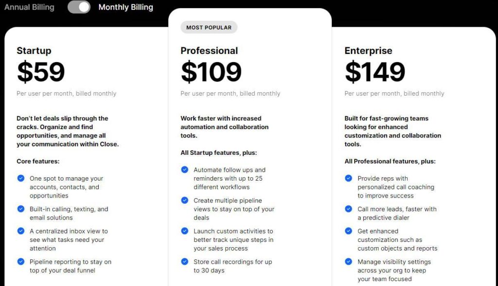 9. Close CRM pricing