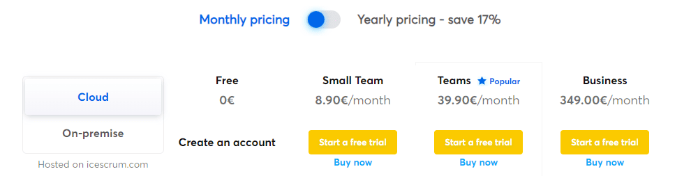 iceScrum Cloud Pricing