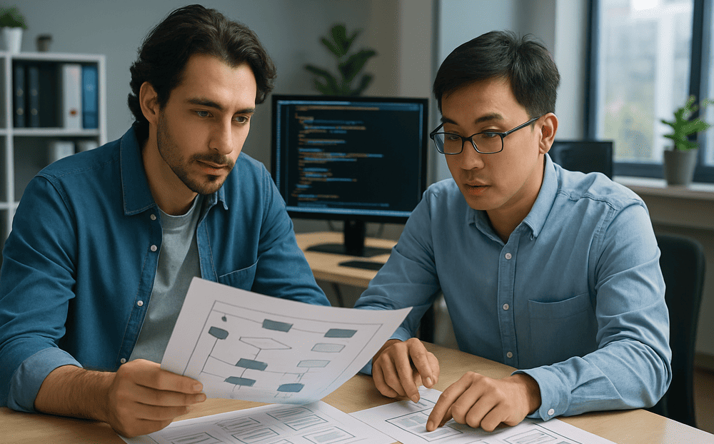 Software developers reviewing design documents