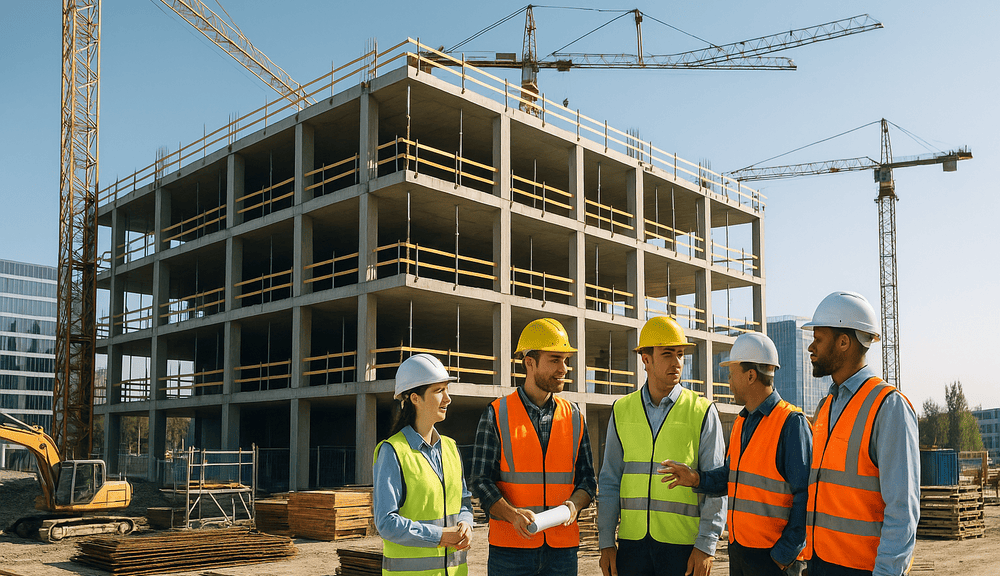 picture showing construction site with cranes and workers