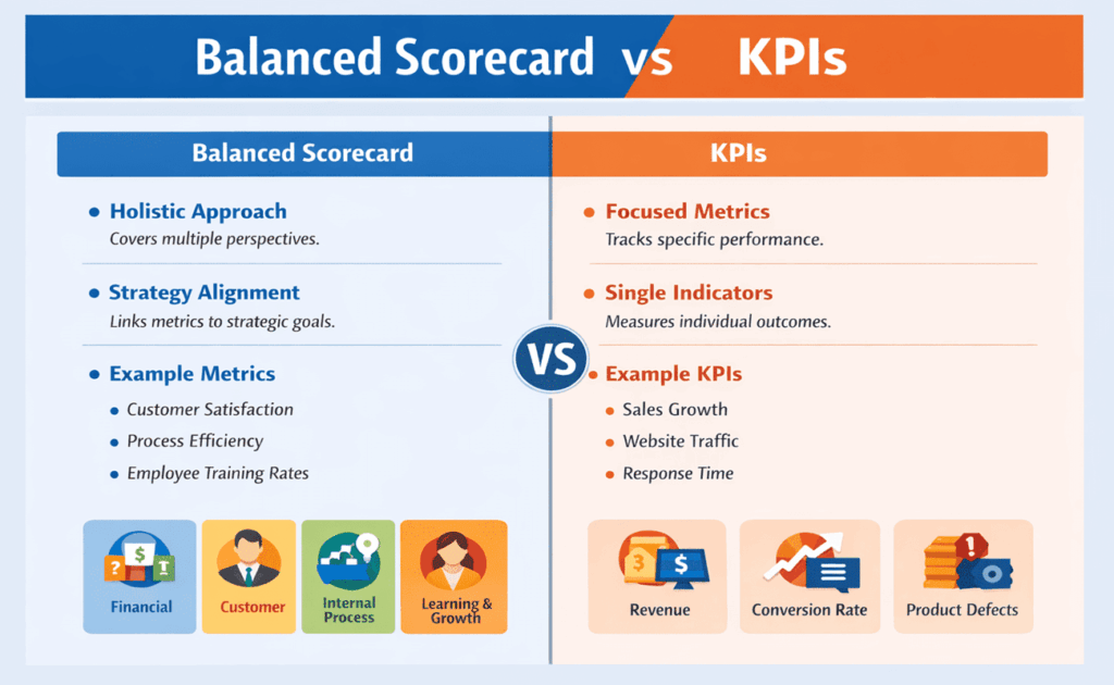 infographic showing differences between balanced scorecard and kpi
