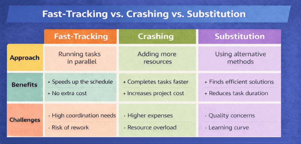 infographic comparing fast tracking crashing and substitution