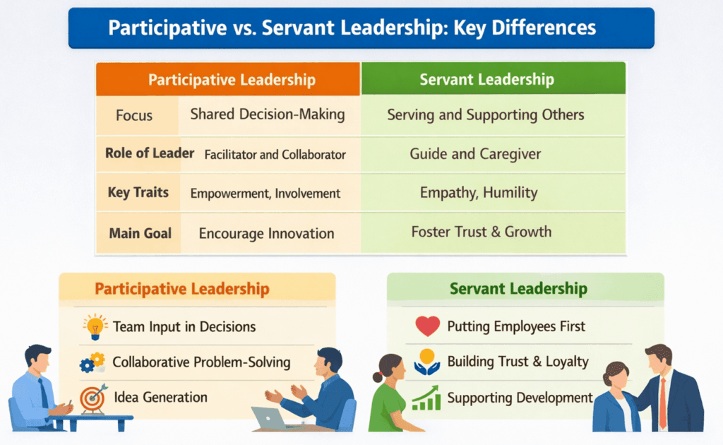 infographic comparing participative and servant leadership styles