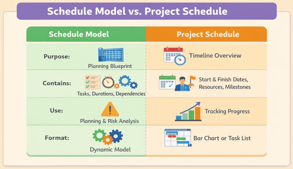 infographic comparing schedule model versus project schedule