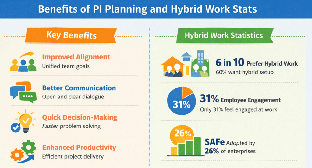 infographic showing PI planning benefits and hybrid work stats