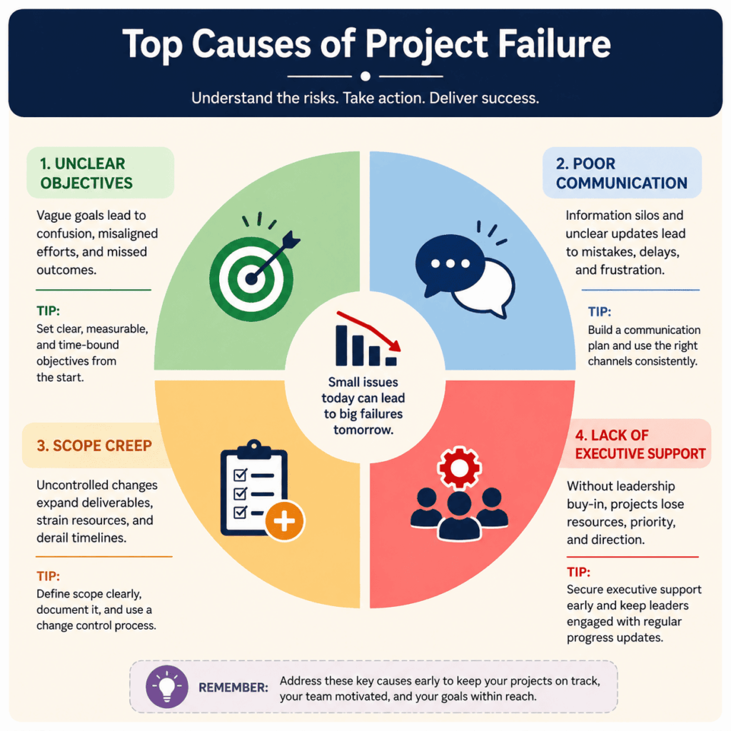 Infographic illustrating four major causes of project failure—unclear objectives poor communication scope creep and lack of executive support—with icons and short descriptions