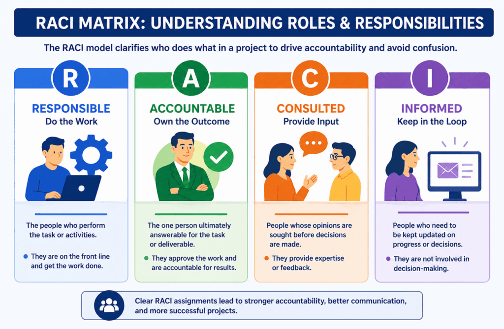 RACI matrix infographic – four colored sections explaining Responsible Accountable Consulted and Informed roles with simple icons