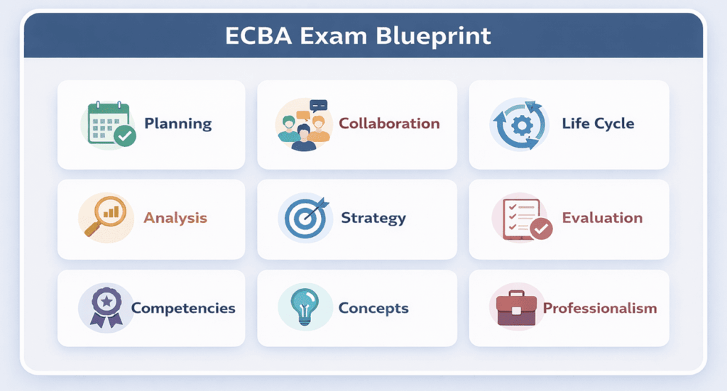 infographic showing ECBA exam topic areas