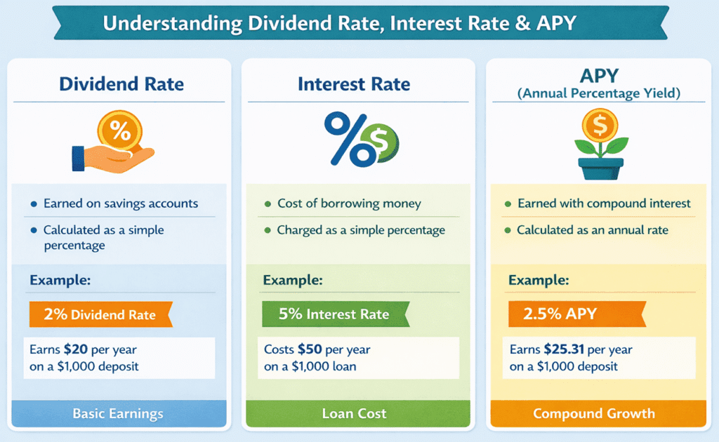infographic showing differences among dividend iterest and apy