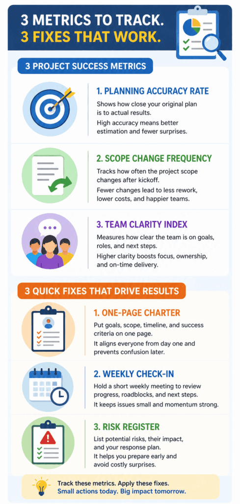 infographic showing project success metrics and quick fixes