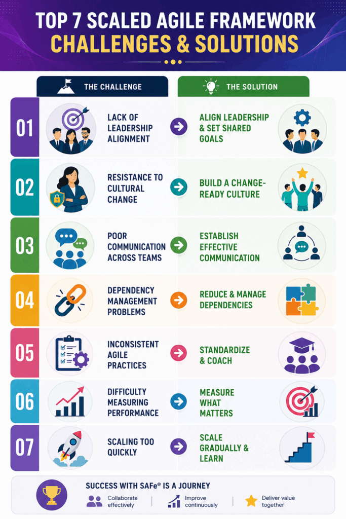 infographic showing top 7 scaled agile challenges and solutions